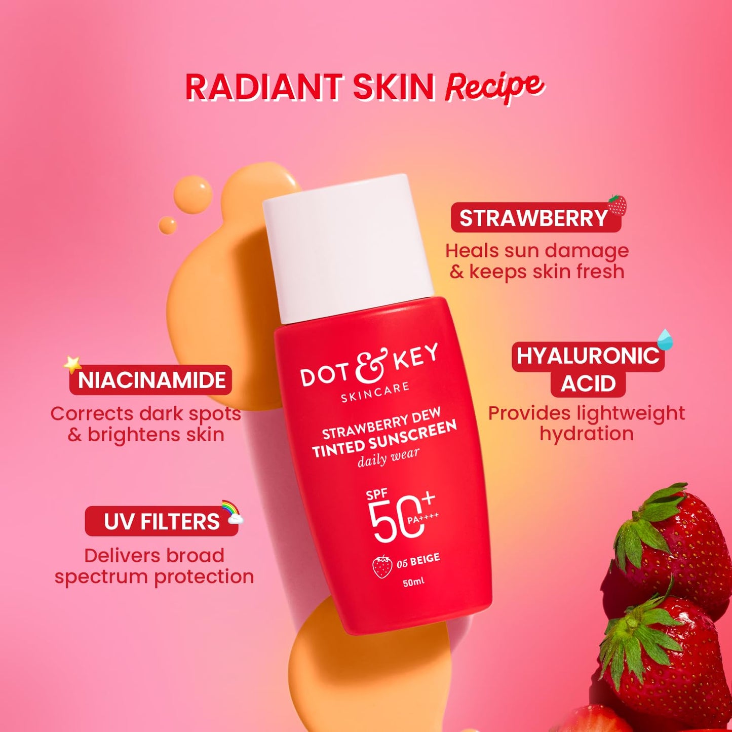 Dot & Key Strawberry Dew Tinted Sunscreen SPF 50+ Pa++++ - 05 Beige | Protection Against UVA & UVB | Broad Spectrum, Water & Sweat resistant 50ml