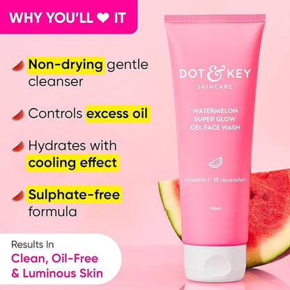 DOT & KEY Watermelon Super Glow Gel Face Wash With Vitamin C&Cucumber|Face Wash For Glowing Skin|Oil Free Face Wash|Removes Excess Oil&Dirt|For Combination & Oily Skin