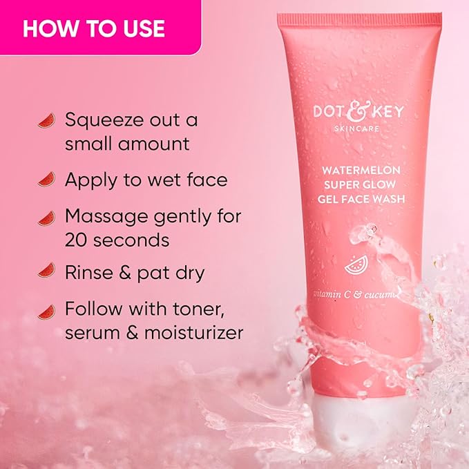 DOT & KEY Watermelon Super Glow Gel Face Wash With Vitamin C&Cucumber|Face Wash For Glowing Skin|Oil Free Face Wash|Removes Excess Oil&Dirt|For Combination & Oily Skin