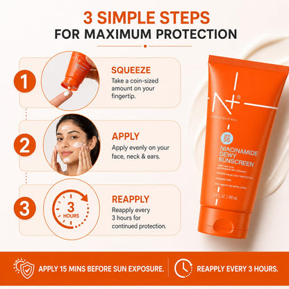 N+ Sunscreen Cream with spf 55 + Niacinamide Dewy + Vitamin E, Non-Greasy, No white caste