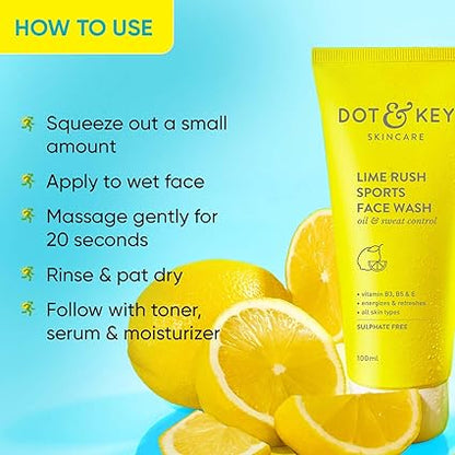 DOT & KEY Lime Rush Sports Face Wash Deep Cleans Oil, Sweat & Dirt For Refreshingly Clean & Oil Free Skin 100ml