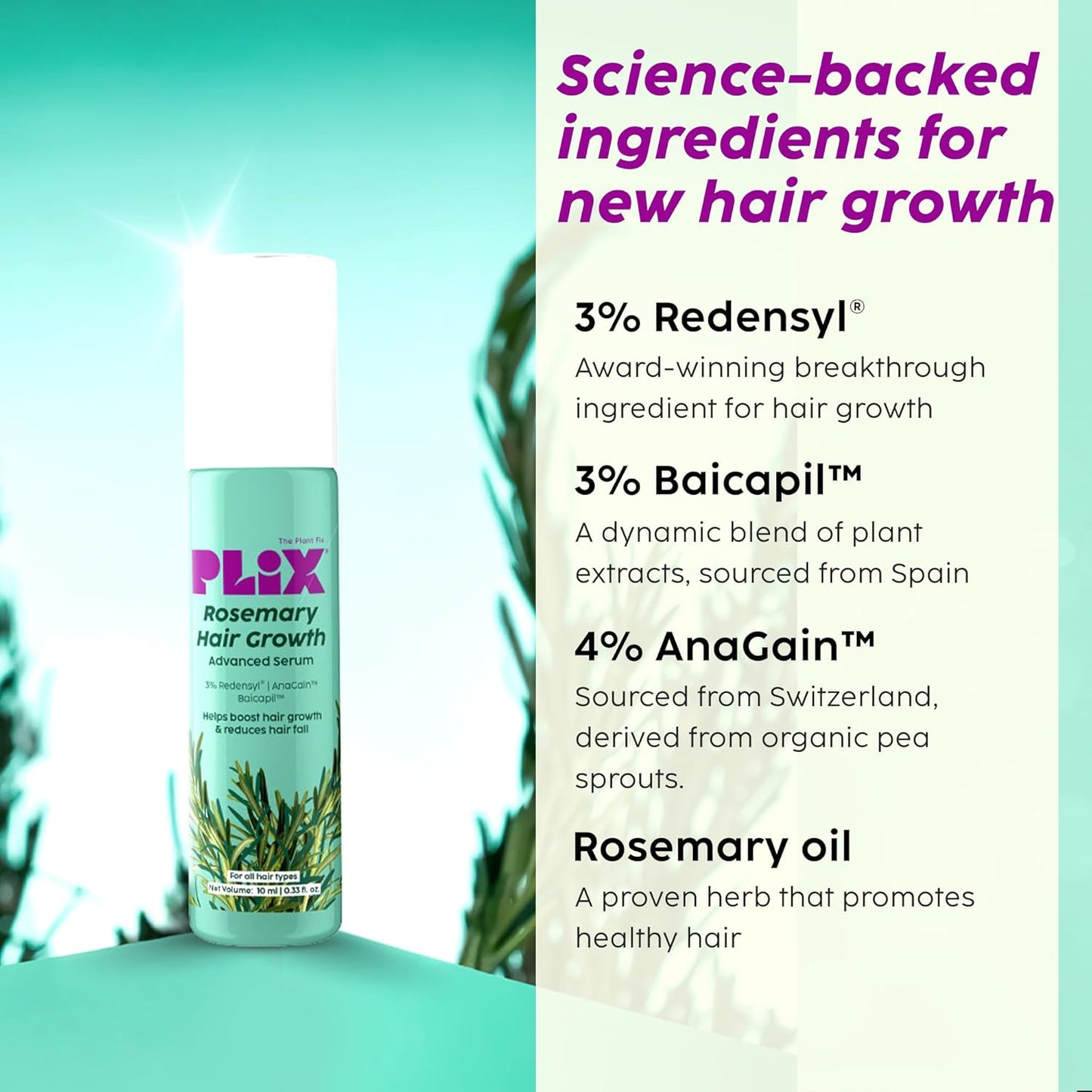 Plix Rosemary Hair Growth Advanced Serum Roll-On | With 3% Redensyl®, 4% AnaGain™ & 3% Baicapil™ Prevents Hair Fall & Stimulates Hair Follicles 10ml