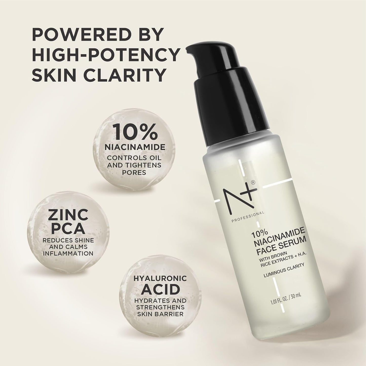 N+ 10% Niacinamide Face Serum, For Luminous Clarity with Brown rice extracts + H.A - 30ML