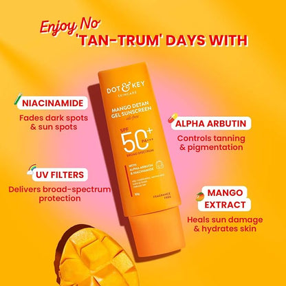 Dot & Key Mango Detan Gel Sunscreen SPF 50+ PA+++ 80g | Oil-Free, With Alpha-Arbutin & Niacinamide | Controls Tanning, Brightens Skin | Fades Dark Spots, Water Resistant 80gm