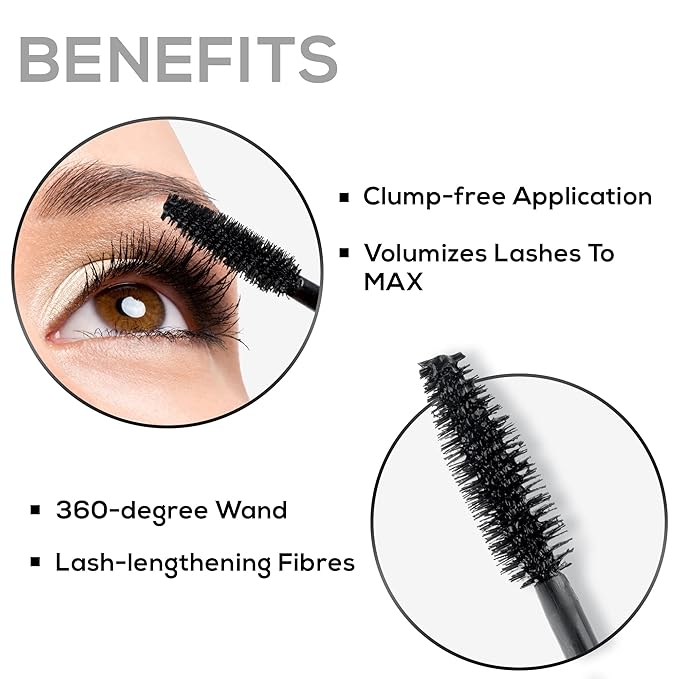 RENEE Volumax Mascara Black 10ml | Quick Dry, Waterproof, Long Lasting Weightless Formula | Volumizes, Lengthens & Conditions the Lashes With Intense Color | 360 - Degree