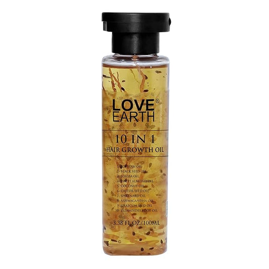 Love Earth 10 In 1 Hair Growth Oil|Soybean Oil, Black Seed Oil, Jojoba Oil, Sweet Almond Oil, Coconut Oil, Castor Seed Oil, Spikenard Oil, Ashwagandha Oil, Graecum Seed Oil, Zizanoides Root Oil|100ml