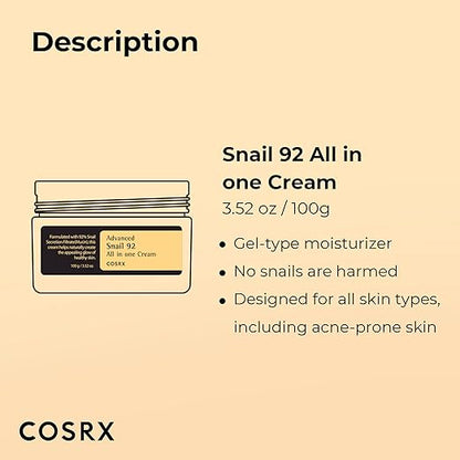 COSRX Snail Mucin 92% Moisturizer 3.52oz/ 100g, Daily Repair Face Gel Cream for Dry, Sensitive Skin