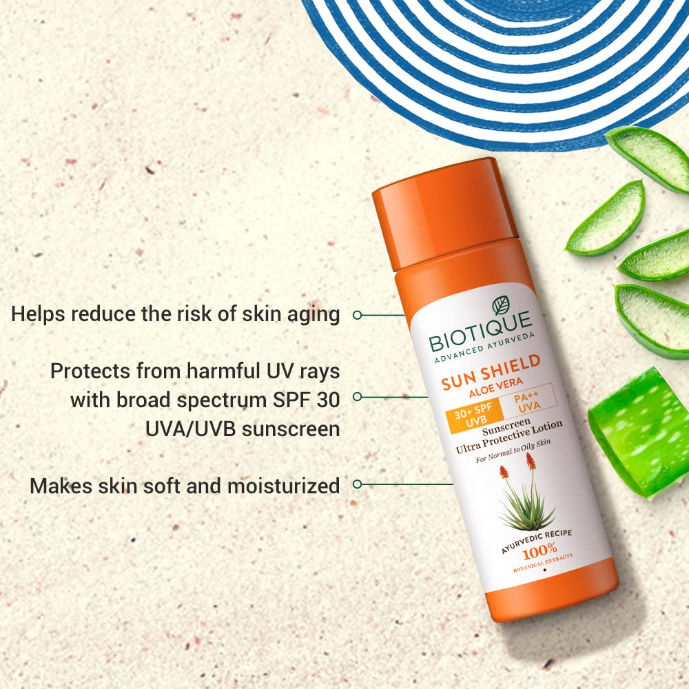 Biotique Sun Shield Aloe vera 30+ SPF UVB Sunscreen Ultra Protectective Lotion For Normal to Oily Skin
