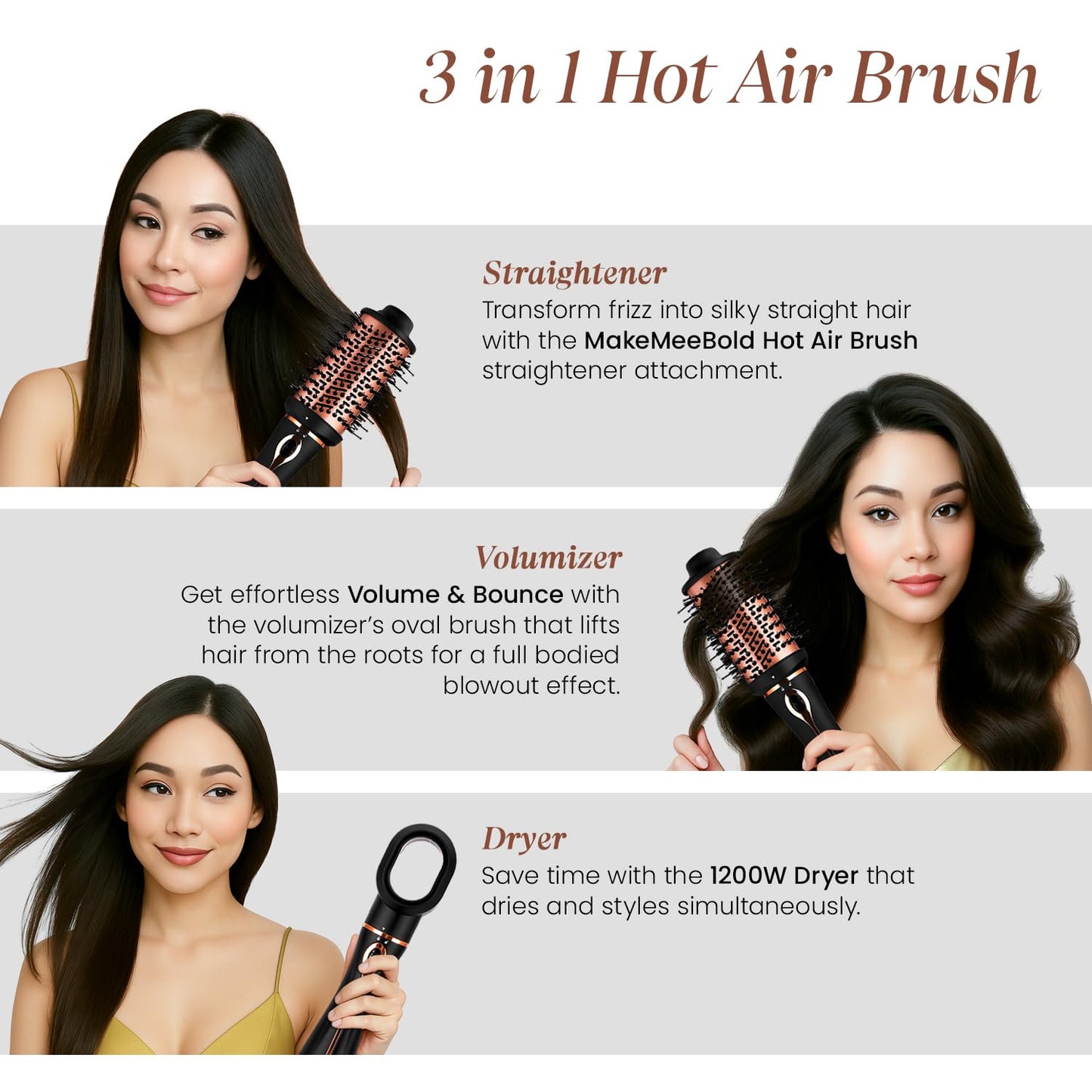 Urban yog MakeMeeBold 3-in-1 Hot Air Brush| 1.5-inch Barrel | Hair Dryer Hair Straightener Volumizer Blow Dryer Styling Tool,1200 Watt | Gifts for Woman, Multicolour