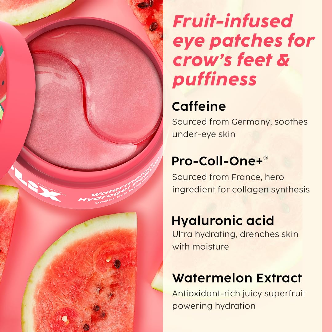 Plix Watermelon Hydrogel Under Eye Patches for Dark Circles & Puffiness Reduction | Caffeine & Hyaluronic Acid | Eye Patches | Instantly Hydrates & Cools | 60 Patches