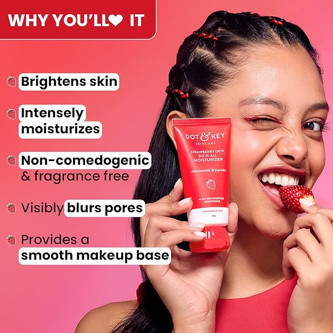 Dot & Key Strawberry Brightening Moisturizer, Niacinamide, Peptides & Hyaluronic Acid, Non-sticky, Brightens Skin, Intense Moisturization | Non-Comedogenic & Fragrance Free, Lightweight 80g