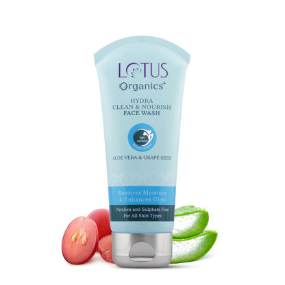Lotus Organics+ Hydra Clean & Nourish Face Wash for Women & Men | 100% Certified Organic Aloe Vera & Grape Seed | Provides All-day Hydration | Prevents Dryness 80gm