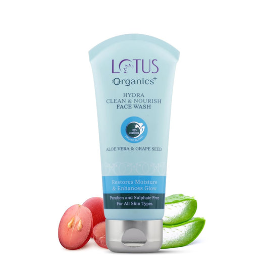 Lotus Organics+ Hydra Clean & Nourish Face Wash for Women & Men | 100% Certified Organic Aloe Vera & Grape Seed | Provides All-day Hydration | Prevents Dryness 80gm