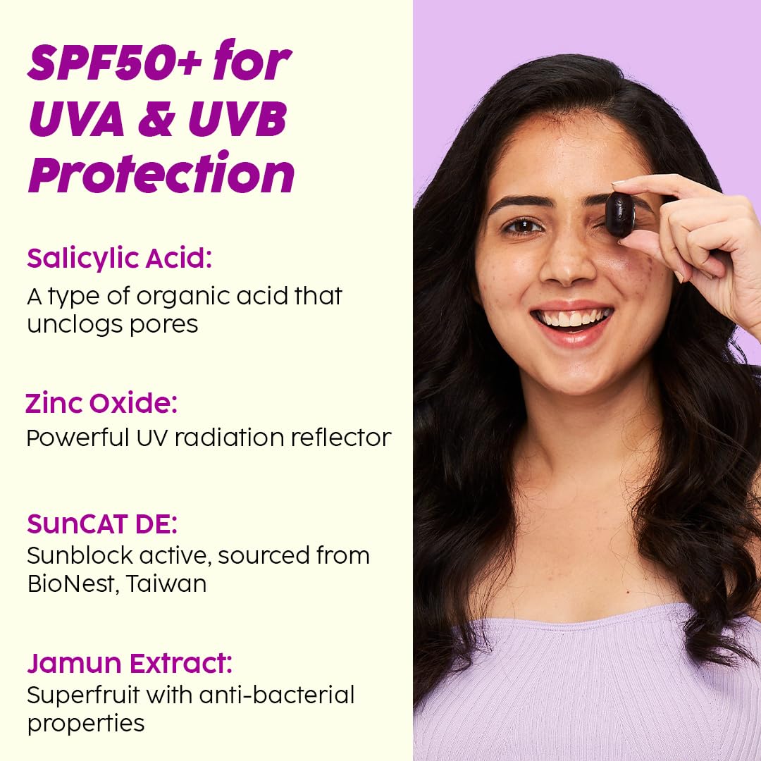 Plix 0.1% Salicylic Acid Jamun Mattifying Lightweight Sunscreen Spf50+ Pa+++ | Uva, Uvb Shield | Acne Reduction & Hydration 50gm