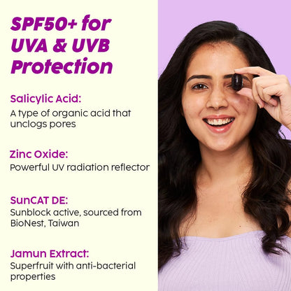 Plix 0.1% Salicylic Acid Jamun Mattifying Lightweight Sunscreen Spf50+ Pa+++ | Uva, Uvb Shield | Acne Reduction & Hydration 50gm
