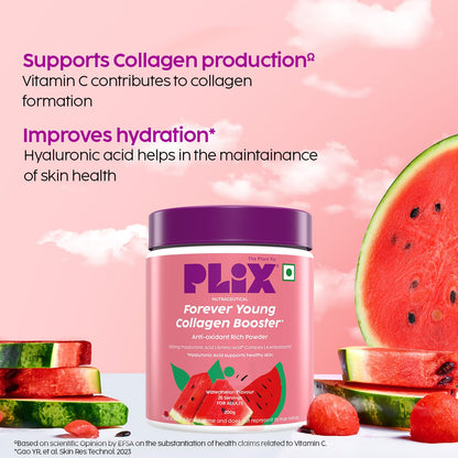 PLIX – THE PLANT FIX | Collagen Booster Powder to Support Healthy Skin | Supports Collagen Production, Antioxidants & Skin Health | Vitamin C, Hyaluronic Acid & Superfood Blend, Watermelon (200 g)