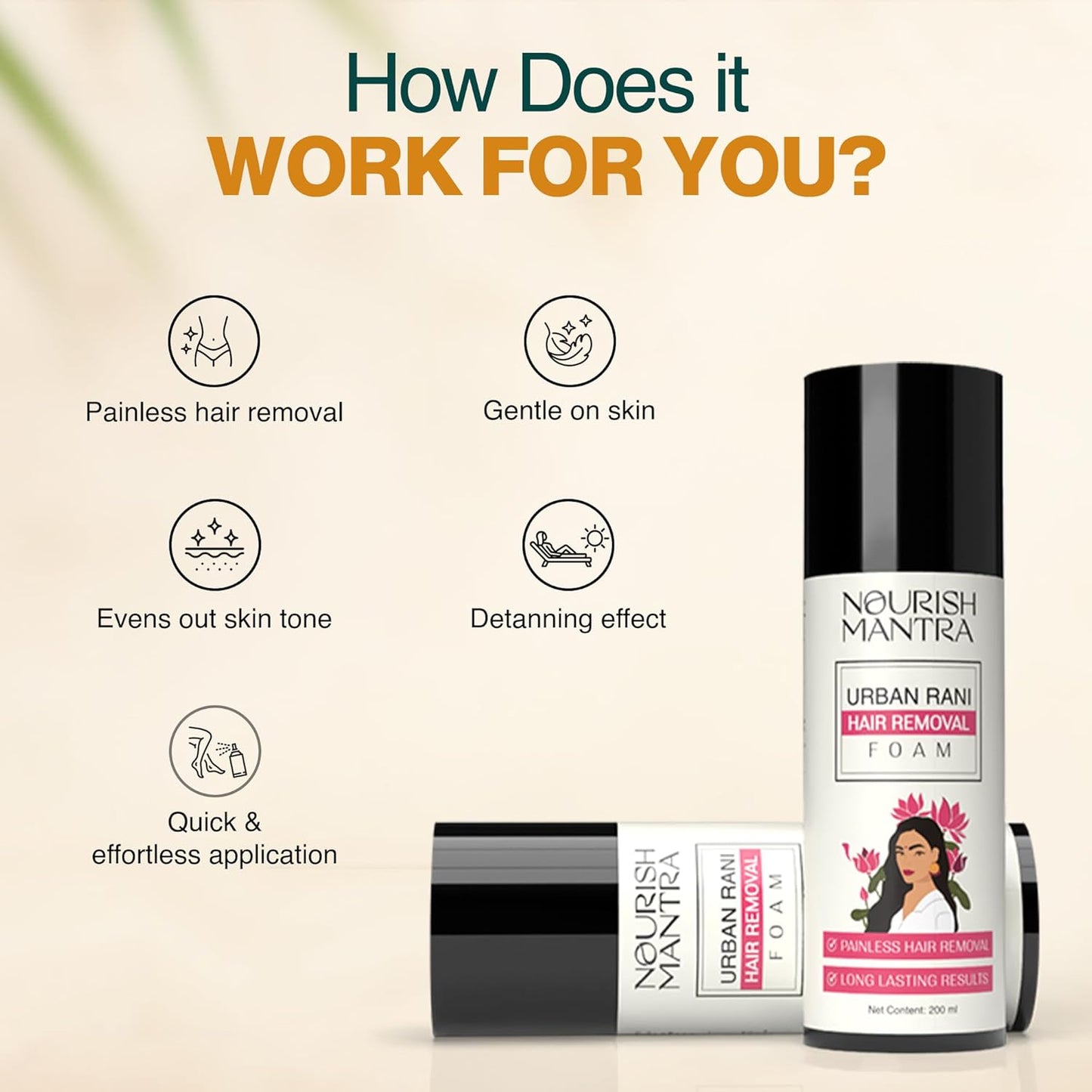 NOURISH MANTRA Urban Rani Hair Removal Spray/ Painless Hair Removal, De-tanning Effect, Long Lasting Results, And Fast-acting formula/ Made with Shea Butter & Glycerine/ Foam Spray Suits Women - 200ml