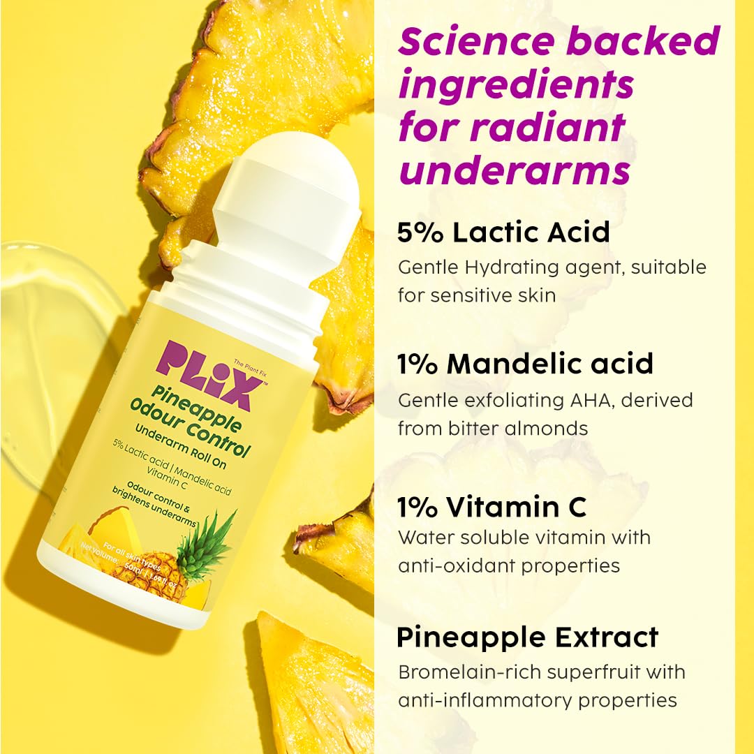 The Plant Fix Plix Pineapple Odour Control Underarm Roll-On (50Ml) With 5% Lactic Acid & 1% Mandelic Acid, Prevents Body Smell, Brightens Skin & Exfoliates Underarm, Alcohol Free - Lotion
