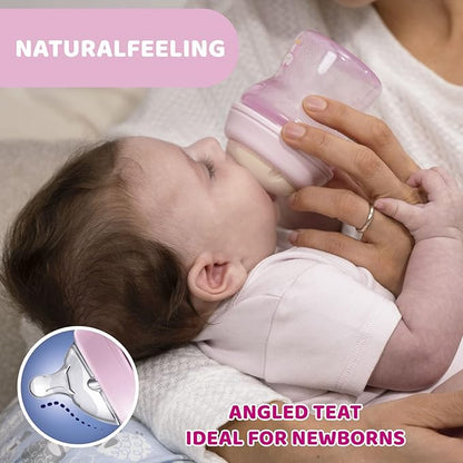 Chicco Natural Feeling Feeding Bottle for Babies, 150ml (0+ Months)|Mother Breast Like teats| Soft Silicon, Anti-Colic Teat | Angled Teat Suitable for Newborns | with Anti-Drip Cap | BPA Free (Pink)