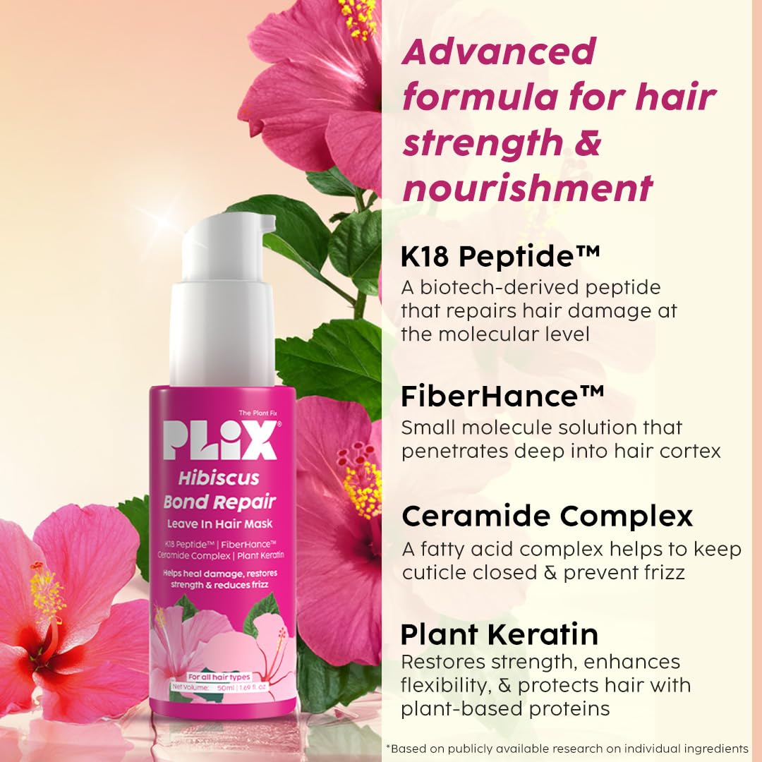 Plix Hibiscus Bond Repair Leave-In Hair Mask | SH Oligopeptide 78 & FiberHance™ | Repairs Damage, Reduces Frizz & Strengthens Hair | Vegan & Sulfate-Free | 50g