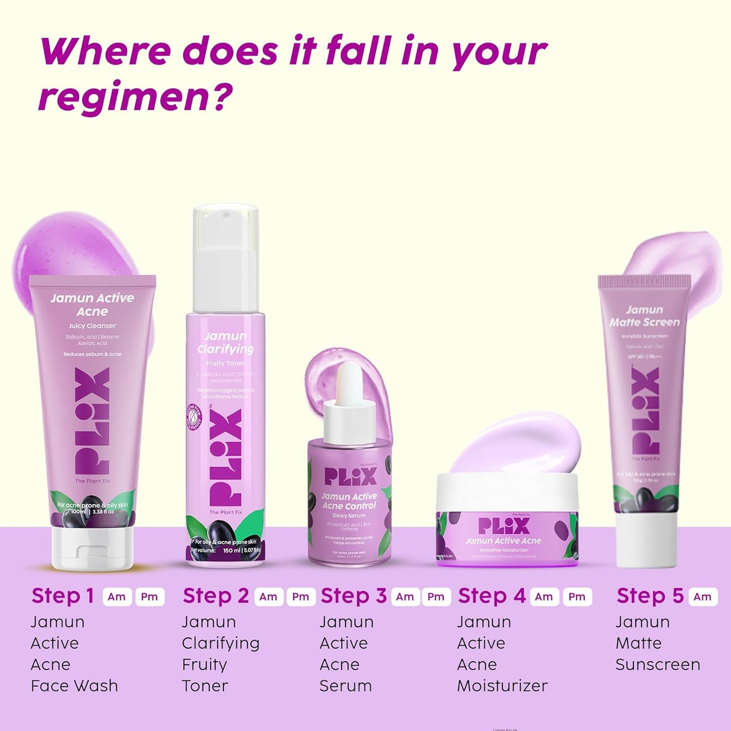 Plix Jamun Active Acne Range With Cleanser, 2% Salicylic Acid Serum, Smoothie Moisturizer, & Toner l Reduces Active Acne