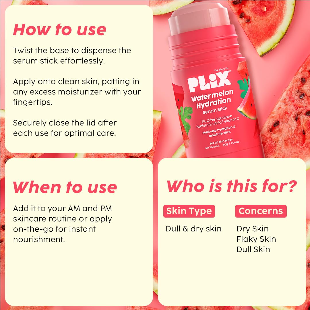 PLIX - THE PLANT FIX Watermelon Hydration Serum Stick (30g) for Instant Hydration, Long Lasting Moisturization | On the Go Moisturizer Stick for 24h Hydration | Light-weight