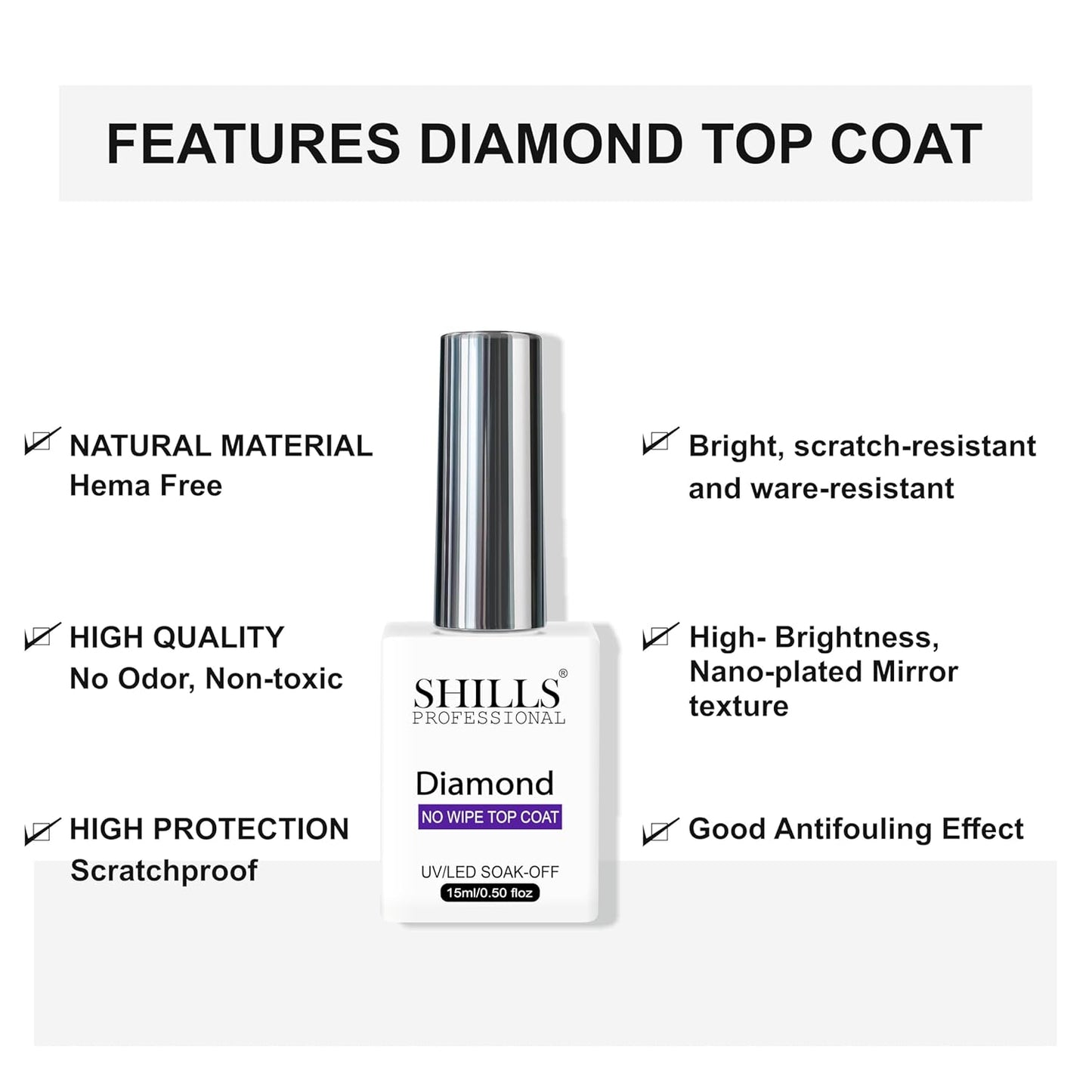 SHILLS PROFESSIONAL Uv Led Soak Off Finish Diamond No Wipe Top Coat Gel Polish Clear 15 Ml Diamondtopcoat