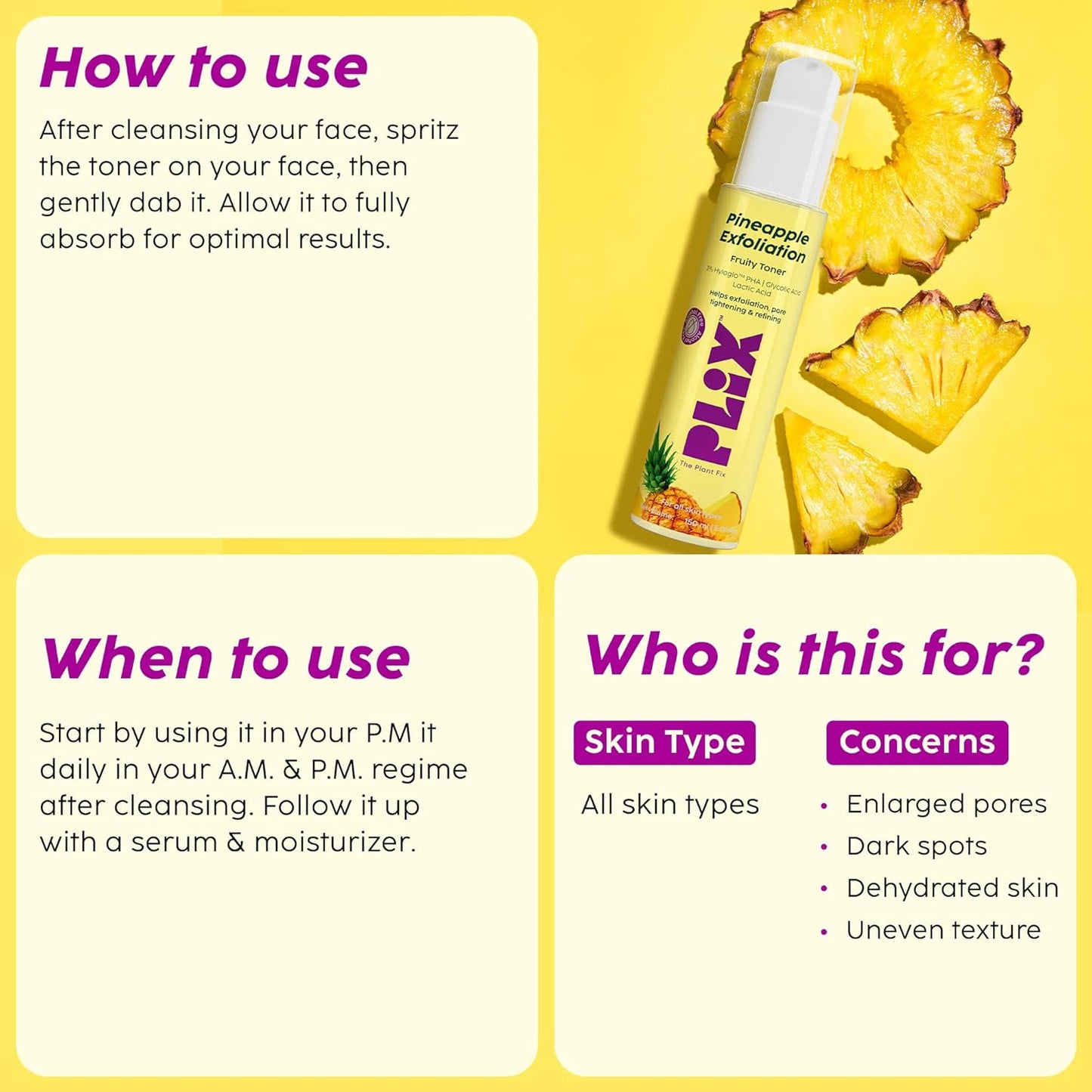 PLIX - THE PLANT FIX Pineapple PHA 3% Alcohol Free Face Toner (150ml) | Pore Tightening & Mild Exfoliation for Oily, Acne Prone, Sensitive & Normal Skin | Hydrating Face Toner