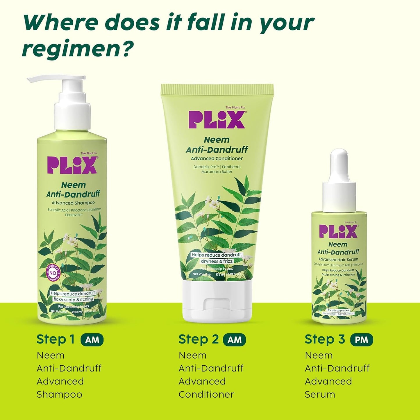 Plix Neem Anti-Dandruff Advanced Shampoo | Piractone Olamine & Pentavitin Paraben & Sulphate Free 200ml