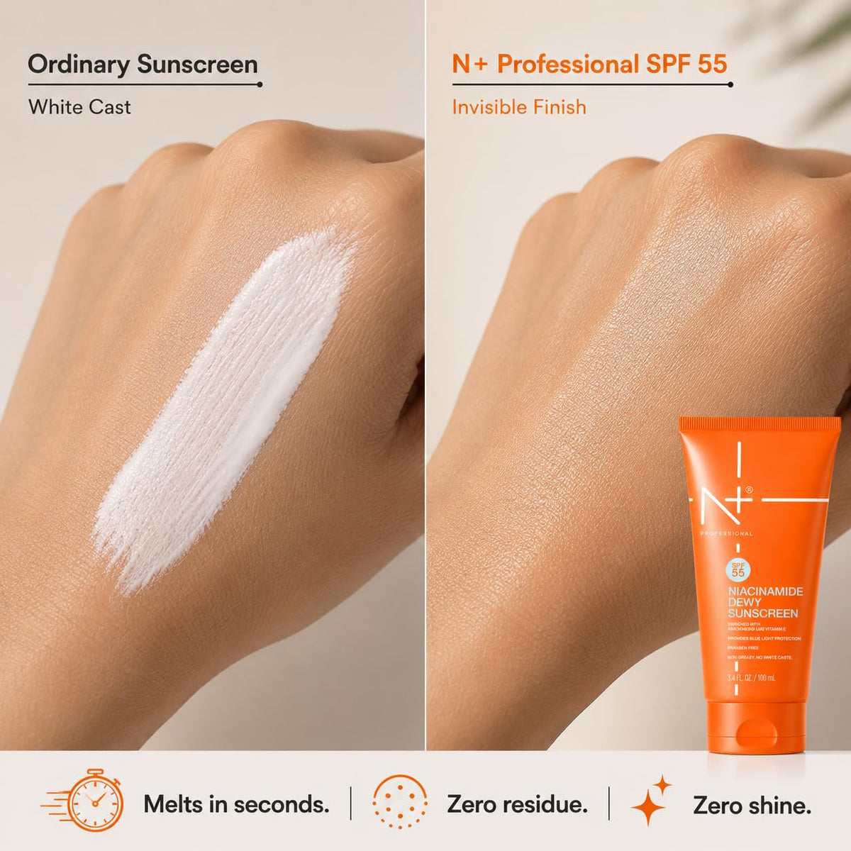 N+ Sunscreen Cream with spf 55 + Niacinamide Dewy + Vitamin E, Non-Greasy, No white caste