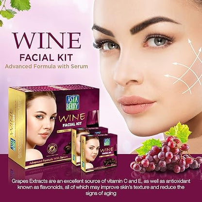 ASTABERRY Wine Professional Facial Kit 12 Pouch Set (6 Steps) For All Skin Types - Remove Wrinkles & Glowing Skin, Goodness Of Red Grape Extracts, Aloe Vera Extract & Olive Oil