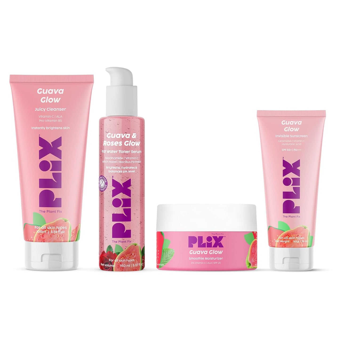Plix Guava & Roses Regime for Bright Skin & Balanced Skin pH|Hydrating Cleanser|2-in-1 Toner Serum|Smoothie Moisturizer|Invisible Sunscreen Gel With SPF 50+ PA +++