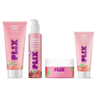 Plix Guava & Roses Regime for Bright Skin & Balanced Skin pH|Hydrating Cleanser|2-in-1 Toner Serum|Smoothie Moisturizer|Invisible Sunscreen Gel With SPF 50+ PA +++