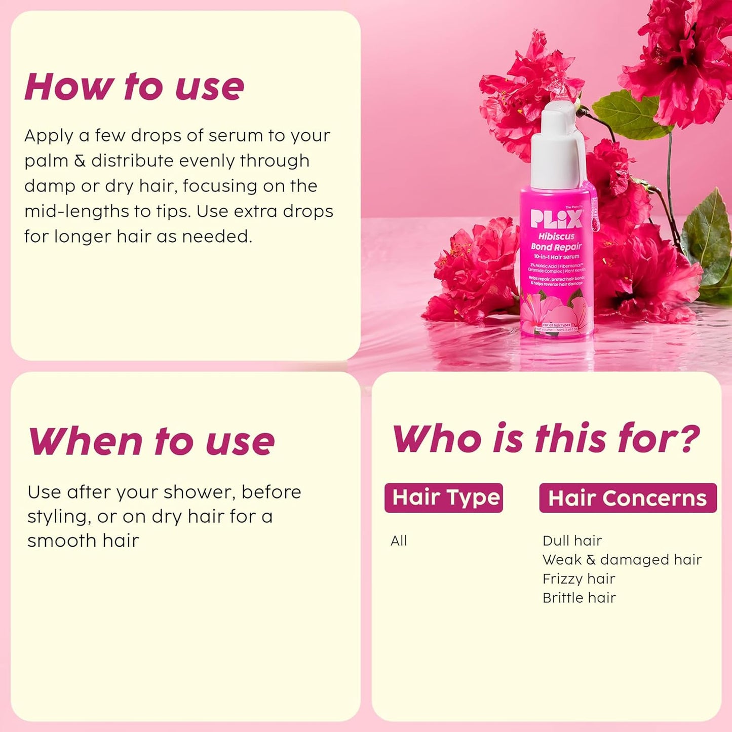 PLIX - THE PLANT FIX Hibiscus Bond Repair 10-in-1 Hair Serum | FiberHance™ | Repairs Damage Hair | Strengthens Keratin Structure | Provides 3X strengthening | 50ml