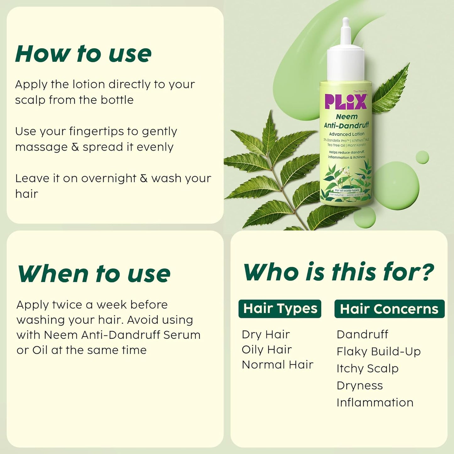 Plix Neem Anti-Dandruff Advanced Lotion | Reduce Dandruff, Itching & Irritation | With Dandelix Pro & Ichthyol PALE | Paraben & Sulphate Free, (60ml)