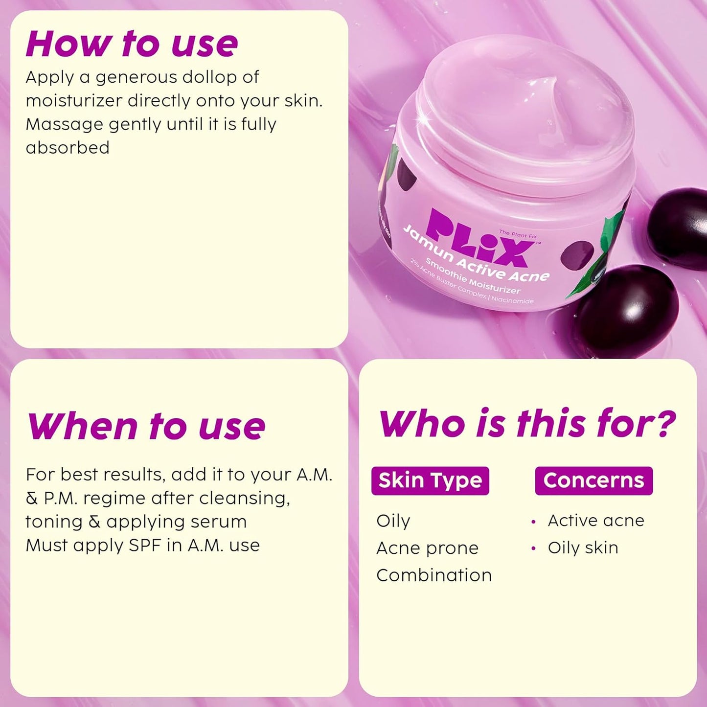Plix Jamun Active Acne Range With Cleanser, 2% Salicylic Acid Serum, Smoothie Moisturizer, & Toner l Reduces Active Acne