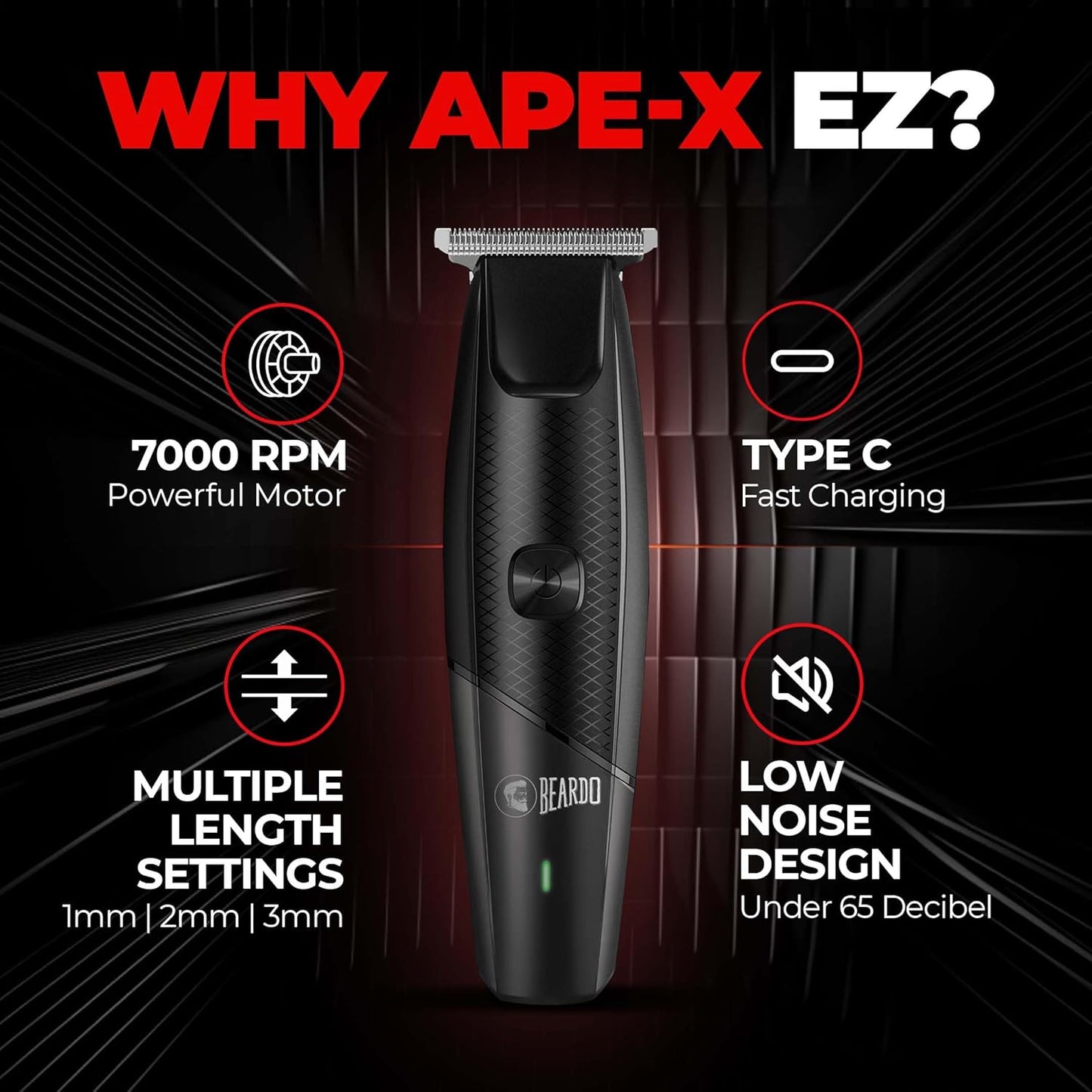 Beardo Ape-X EZ Trimmer for Men Beard 110 Min Run Time 7000 RPM Motor | Lithium Ion Battery | Multiple Length Settings Beard Trimmer for Gen Z