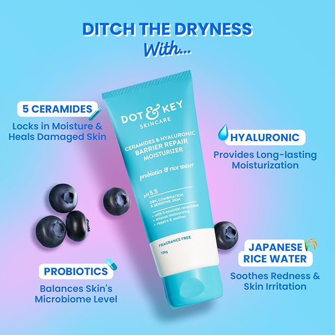 Dot & Key Ceramides Moisturizer with Hyaluronic for Intense Moisturizing and Skin Strengthening, Probiotic & Rice Water, Barrier Repair Cream For Dry Skin, Normal & Sensitive Skin 100g