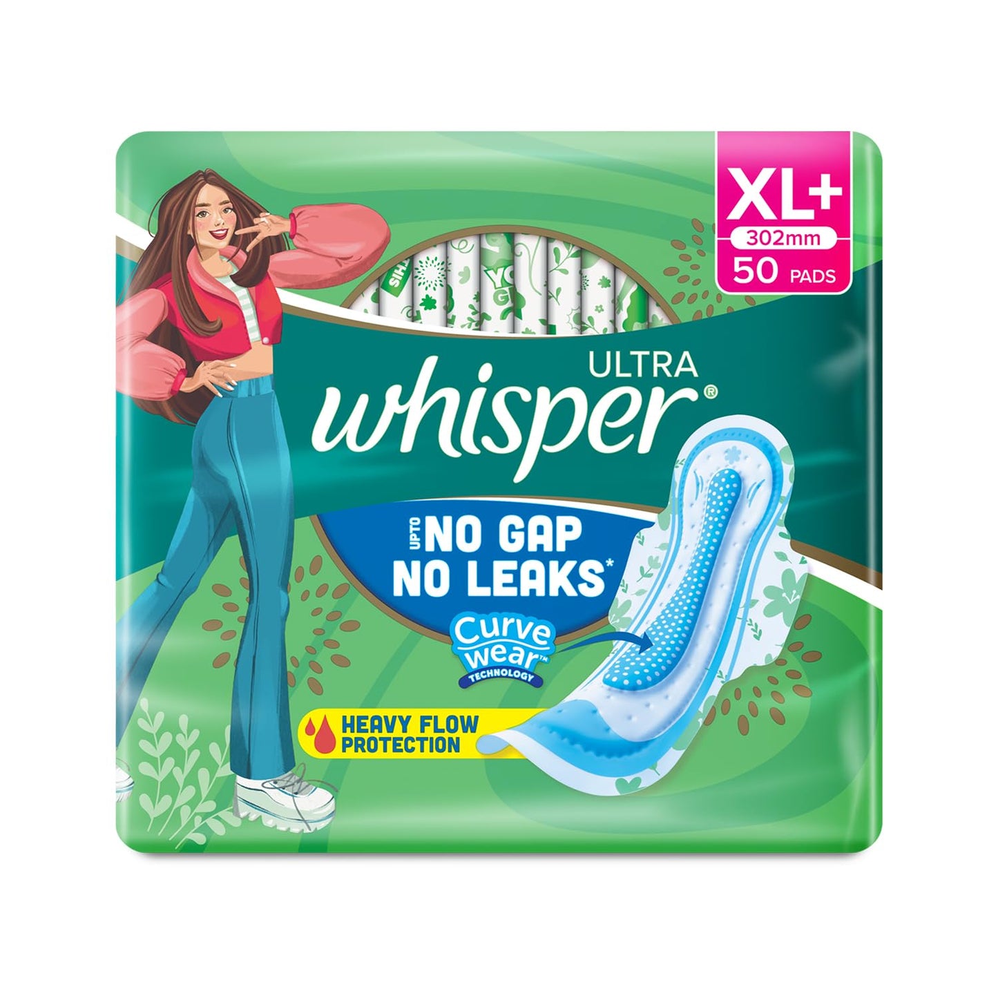 WHISPER ULTRA HYGIENE+COMFORT SANITARY PADS, 50 XL+ PADS, FOR HEAVY FLOW, LONG LASTING PROTECTION, LOCKS ODOUR & WETNESS, DRY TOP SHEET, DISPOSABLE WRAPPER