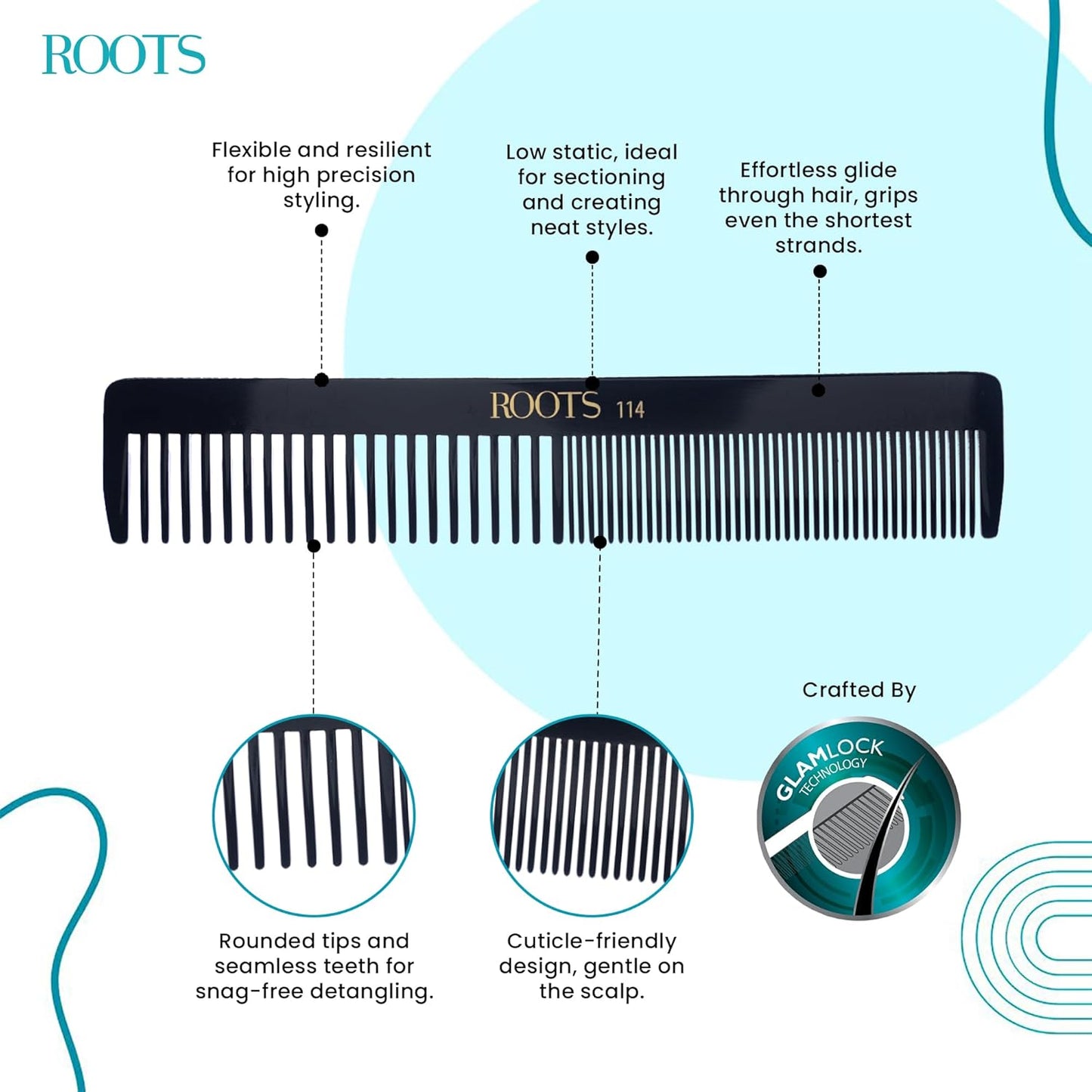 ROOTS - Professional Hair Cutting Comb | Dual Teeth For Styling & Detangling | Salon Grade - For Men & Women | Ideal for Sectioning & Colouring | Length - 7.6 Inch | Model No. 114