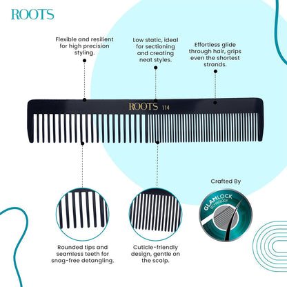 ROOTS - Professional Hair Cutting Comb | Dual Teeth For Styling & Detangling | Salon Grade - For Men & Women | Ideal for Sectioning & Colouring | Length - 7.6 Inch | Model No. 114