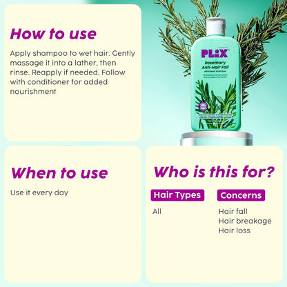 Plix Rosemary Advanced Anti HairFall Shampoo for Decreases Hair Fall & Breakage - 200 ml | All Hair Types | Men & Women | Sulphate & Paraben Free