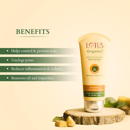 Lotus Organics + Deep Cleanse Face Wash for Women & Men, 100% Certified Organic Green Tea & Ginger | Controls Acne & Prevents Breakouts | Reduces Inflammation, Suitable for Sensitive, Normal, Dry & Oily Skin | 80g