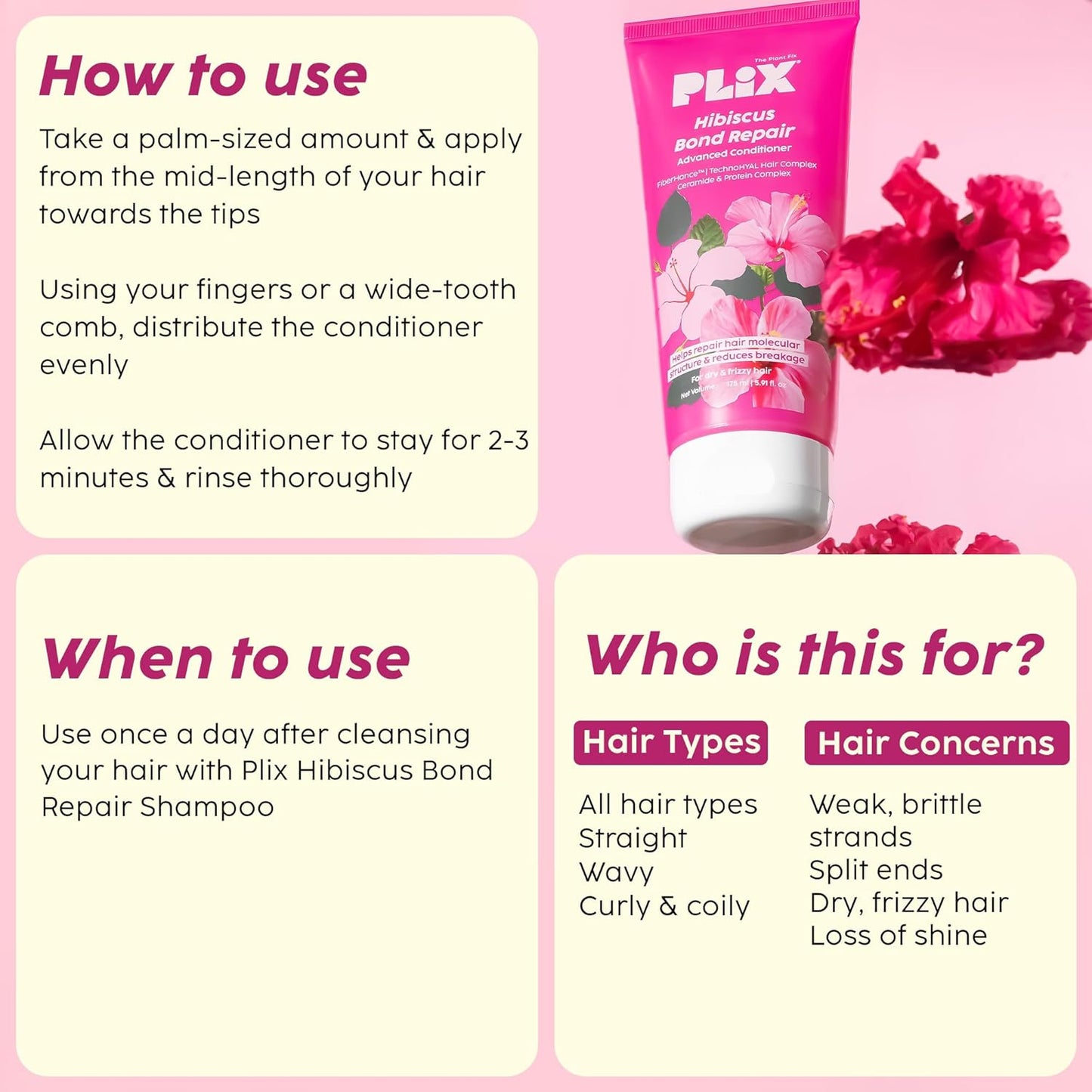 Plix Hibiscus Bond Repair Advanced Conditioner | Repairs Hair Molecular Structure & Reduces Breakage With Fiberhance & Technohyal Hair Complex | 175Ml