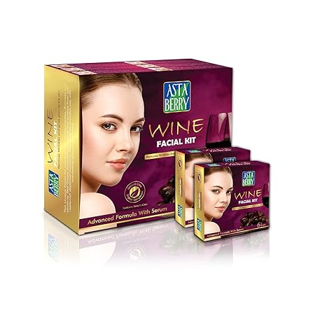 ASTABERRY Wine Professional Facial Kit 12 Pouch Set (6 Steps) For All Skin Types - Remove Wrinkles & Glowing Skin, Goodness Of Red Grape Extracts, Aloe Vera Extract & Olive Oil