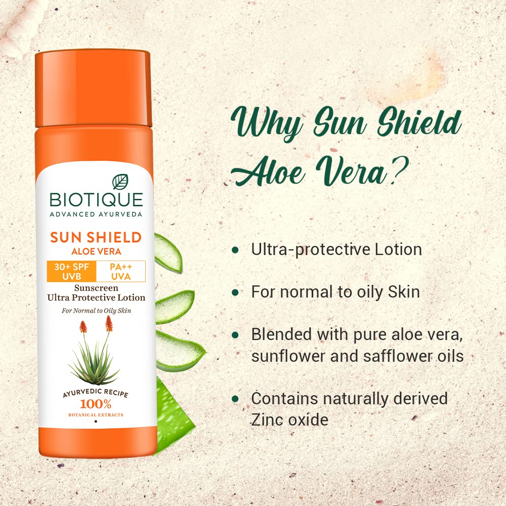 Biotique Sun Shield Aloe vera 30+ SPF UVB Sunscreen Ultra Protectective Lotion For Normal to Oily Skin