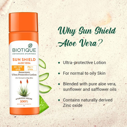Biotique Sun Shield Aloe vera 30+ SPF UVB Sunscreen Ultra Protectective Lotion For Normal to Oily Skin