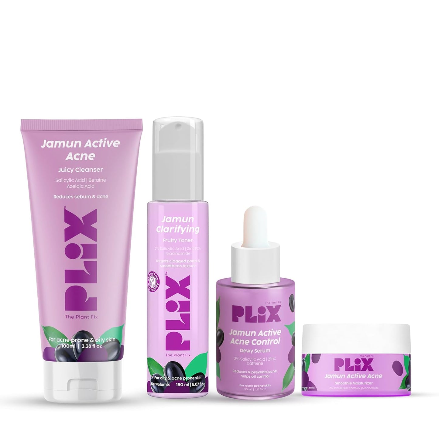 Plix Jamun Active Acne Range With Cleanser, 2% Salicylic Acid Serum, Smoothie Moisturizer, & Toner l Reduces Active Acne