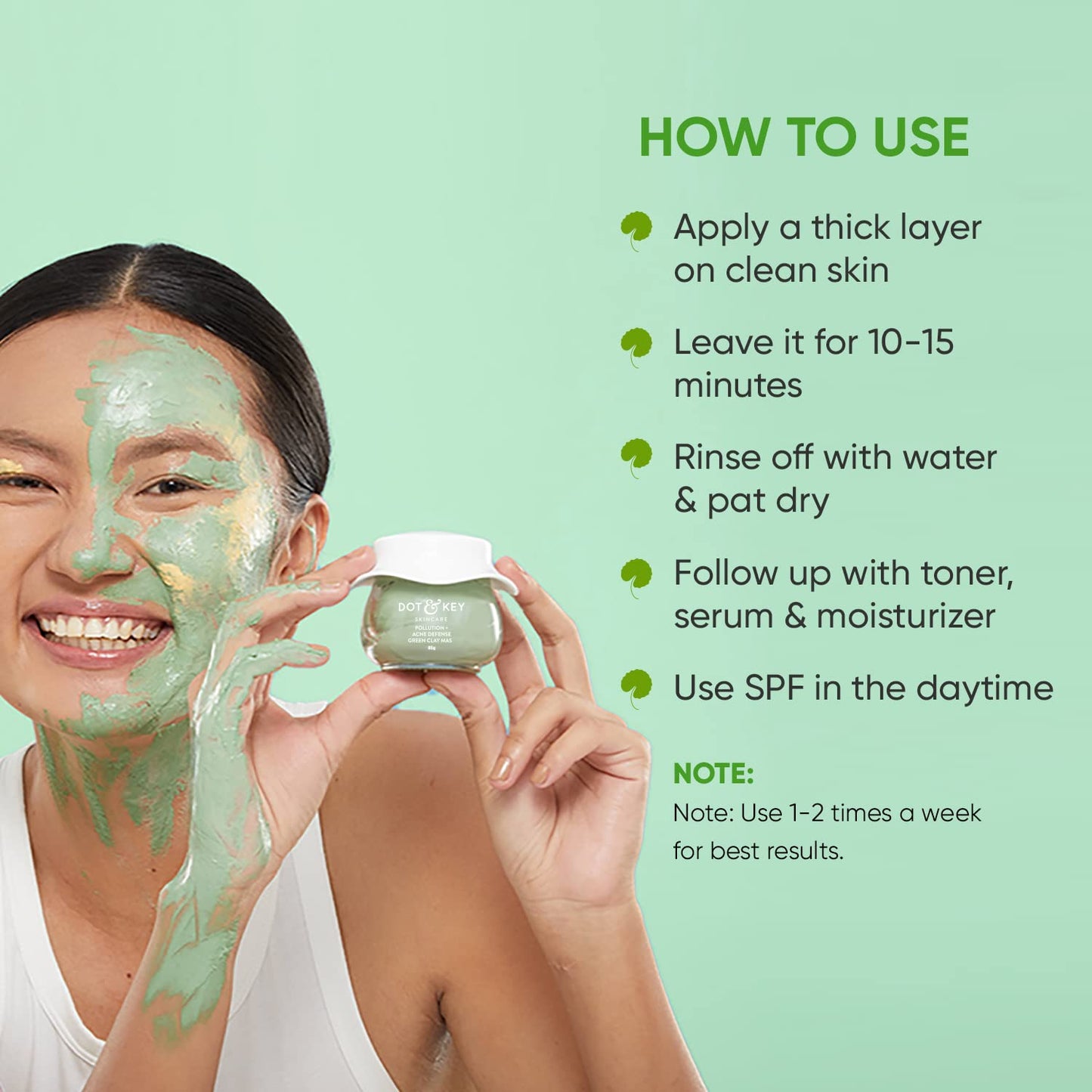 Dot & Key Skin Care Pollution + Acne Defense Green Clay Mask for Face with Salicylic & Matcha Tea, Reduces Active Acne, Soothes Redness, For Dark Spots, Oily, Acne Prone Skin 85gm