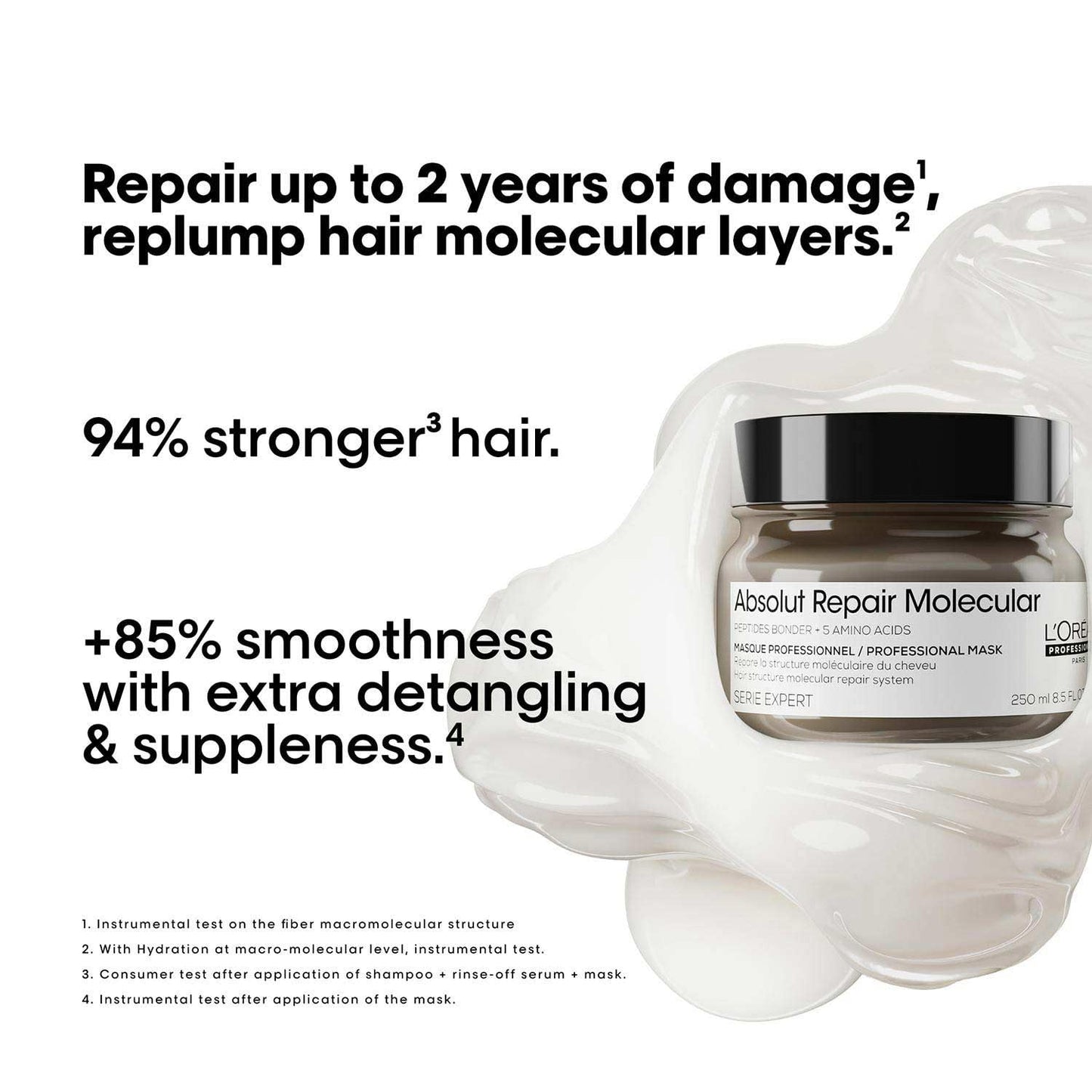L'Oréal Professionnel Absolut Repair Molecular Deep Repairing Rinse-off Cream Mask for Damaged Hair - 250 ml | Repairs Very Damaged Hair and Restores Strength With 2% Peptides Bonder & 5 Amino Acids